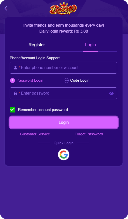 Boo999 Online Game APK 2026 login SCceen