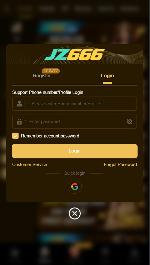 JZ666 Game APK 2026 login Screen