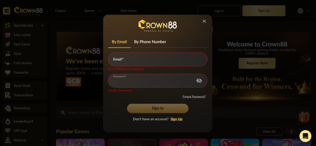 Crown88 Online Game APK 2026 login page