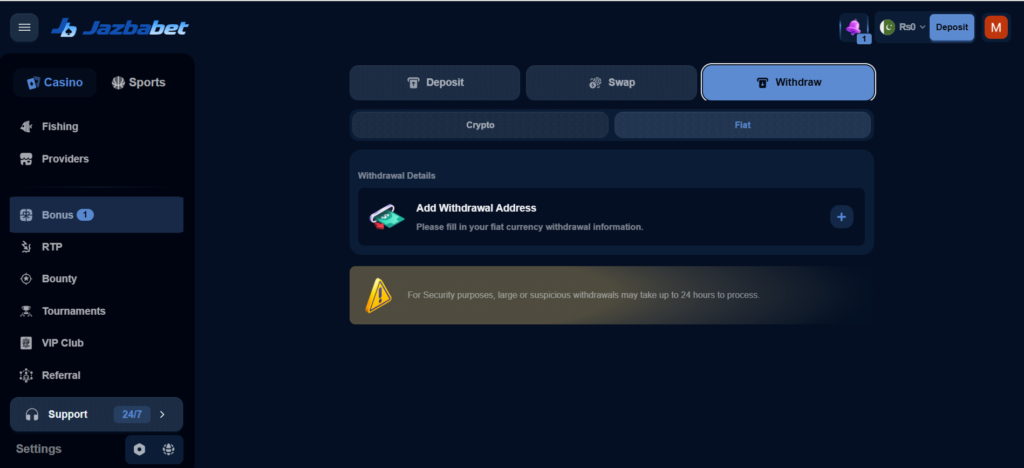 JazbaBet Online Game withdrawal section