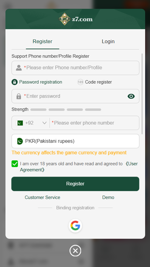 Z7 game login page for Android users